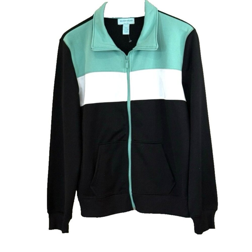 Silverwear New York Black/White Blue Zip Front Kangaroo Pockets Jacket Sz L NWOT
